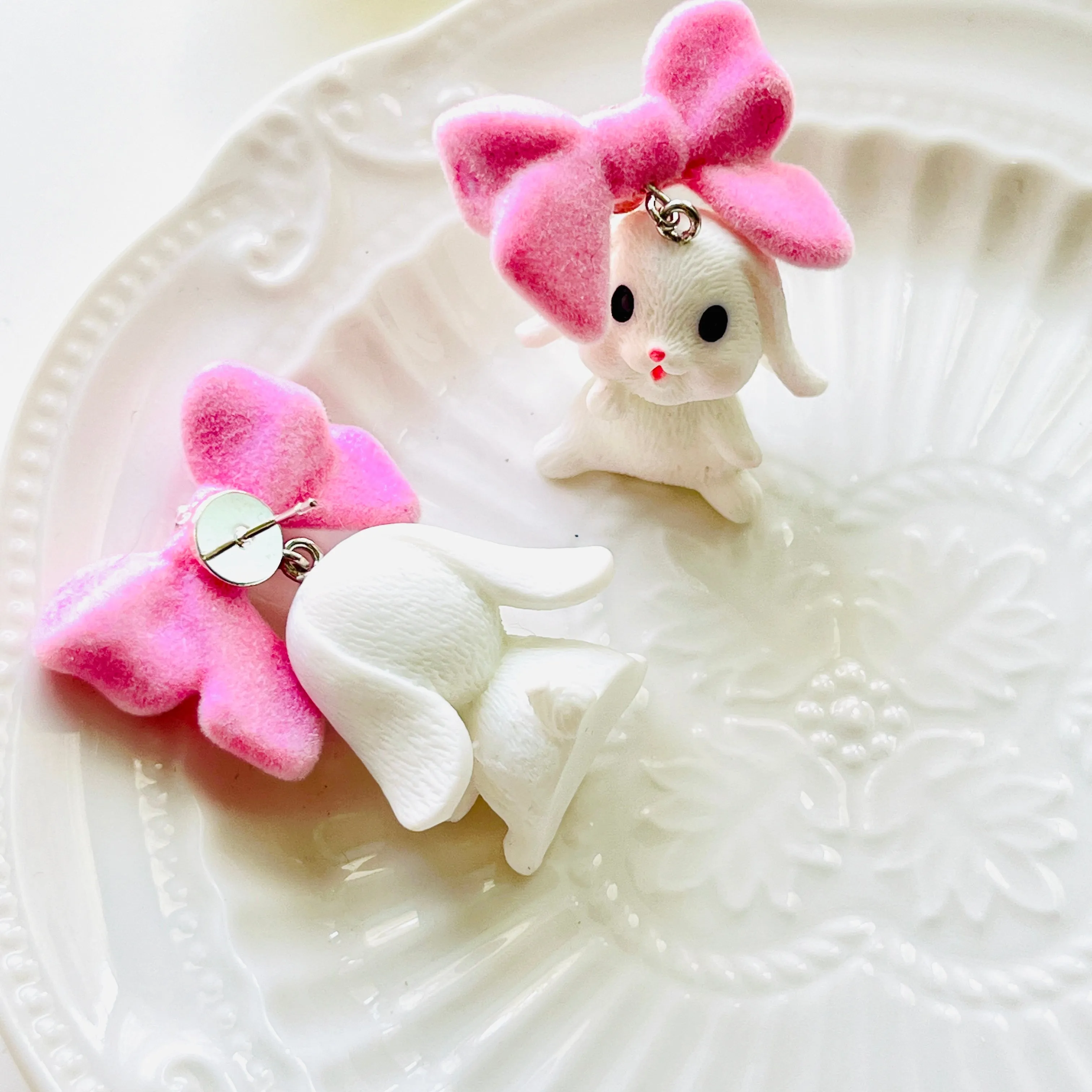 White Bunny with Bow Stud Earrings/ Clip-on Earrings