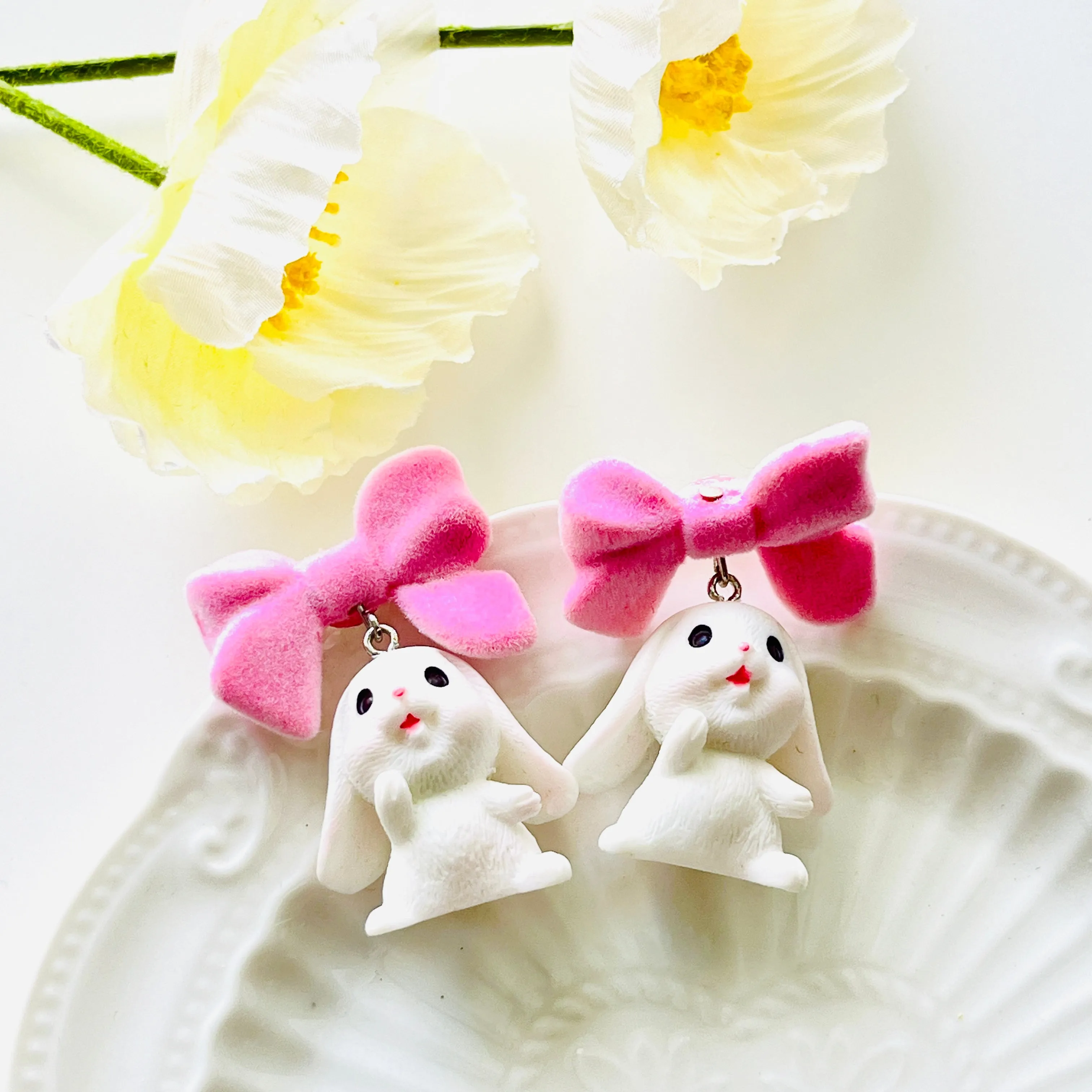 White Bunny with Bow Stud Earrings/ Clip-on Earrings