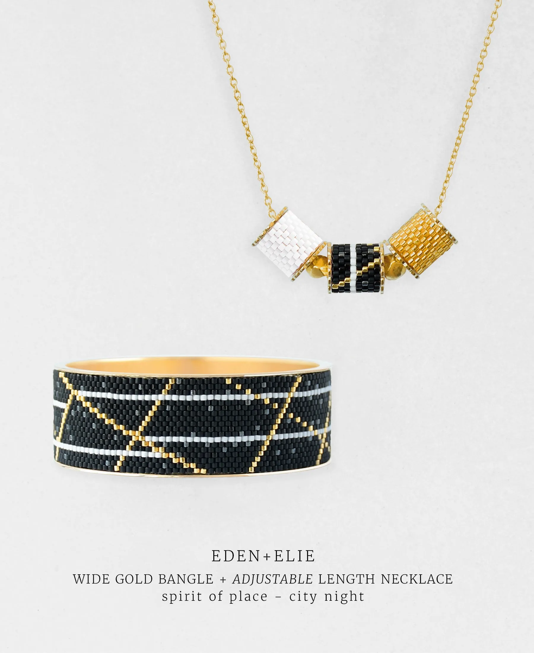 Wide Gold Bangle   Adjustable Length Necklace Set - Spirit of Place City Night